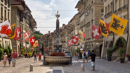 Fountain in the Kramgasse street the famous street in the old city of Bern, Unesco World Heritage, Switzerland, Europe