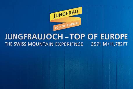 Signboard at the top of Jungfraujoch, the highest railway station in the alps, Bernese alps, Switzerland, Europe