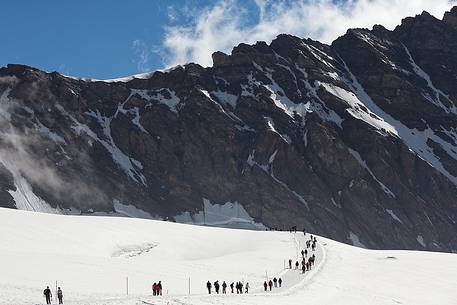 Trekkers on Aletsch glacier, the largest in Europe, started from Jungfraujoch, the highest railway station in the Alps, Bernese alps, Switzerland, Europe