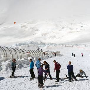 Skiers on Aletsch glacier, the largest in Europe, starting from Jungfraujoch, the highest railway station in the Alps, Bernese alps, Switzerland, Europe Skiers on Aletsch glacier, the largest in Europe, starting from Jungfraujoch, the highest railway station in the Alps, Bernese alps, Switzerland, Europe