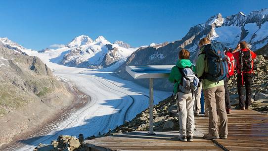 Panoramic terrace on Eggishorn mountain towards Aletsch glacier and Jungfrau mountain, Valais, Switzerland, Europe