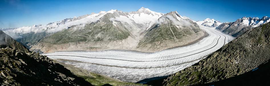 Panoramic view from Eggishorn mountain towards Aletsch glacier and Jungfrau mountain, Valais, Switzerland, Europe Panoramic view from Eggishorn mountain towards Aletsch glacier and Jungfrau mountain, Valais, Switzerland, Europe