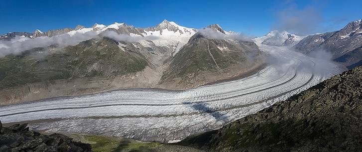 Panoramic view from Eggishorn mountain towards Aletsch glacier and Jungfrau mountain, Valais, Switzerland, Europe