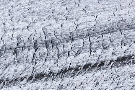 Great Aletsch Glacier glacial tongue with ice crevasses, Eggishorn Bergstation, Fiesch, Canton of Valais, Switzerland, Europe Great Aletsch Glacier glacial tongue with ice crevasses, Eggishorn Bergstation, Fiesch, Canton of Valais, Switzerland, Europe