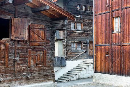 Traditional alpine wood houses in Mnster Geschinen village, Fiesh, Canton of Valais, Switzerland, Europe
