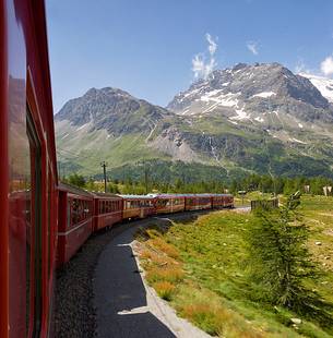 Benina express, UNESCO World Heritage, near Bernina pass, Rhetic railways, Engadin, Canton of Grisons, Switzerland, Europe Benina express, UNESCO World Heritage, near Bernina pass, Rhetic railways, Engadin, Canton of Grisons, Switzerland, Europe