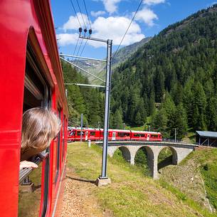 Benina express, UNESCO World Heritage, near Alp Grum, Rhetic railways, Engadin, Canton of Grisons, Switzerland, Europe