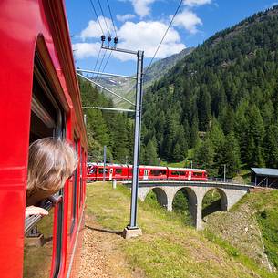 Benina express, UNESCO World Heritage, near Alp Grum, Rhetic railways, Engadin, Canton of Grisons, Switzerland, Europe Benina express, UNESCO World Heritage, near Alp Grum, Rhetic railways, Engadin, Canton of Grisons, Switzerland, Europe