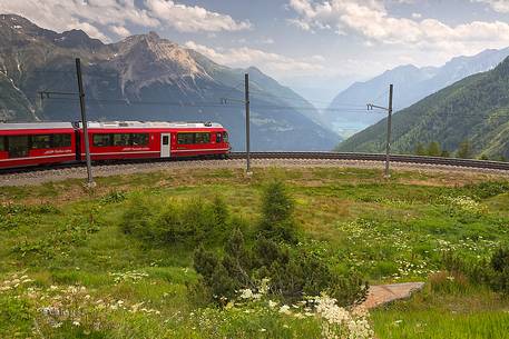 Benina express, UNESCO World Heritage, near Bernina pass, Rhetic railways, Engadin, Canton of Grisons, Switzerland, Europe