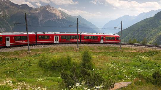 Benina express, UNESCO World Heritage, near Bernina pass, Rhetic railways, Engadin, Canton of Grisons, Switzerland, Europe Benina express, UNESCO World Heritage, near Bernina pass, Rhetic railways, Engadin, Canton of Grisons, Switzerland, Europe