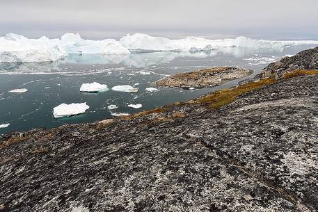 Moving ice in the water of Illulissat Fjord with the first morning light