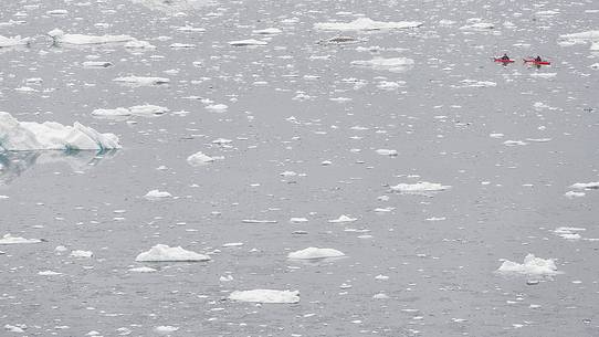 Canoes between the moving ice of Illulissat Fjord Canoes between the moving ice of Illulissat Fjord