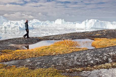 Hiking and action near a small pond; in the background icebergs in Kangerlua  Fjord