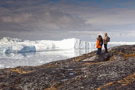 Tourist's contemplation of icebergs in Kangerlua  Fjord