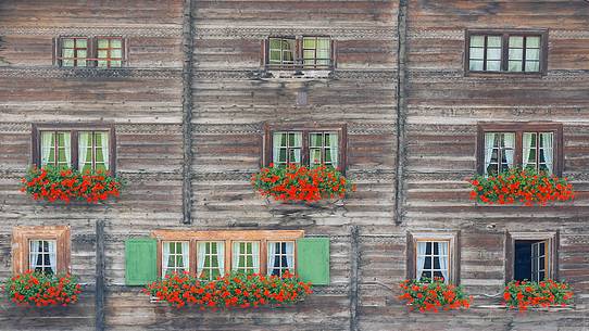 Traditional wooden building in Vals village, Grisons, Switzerland, Europe