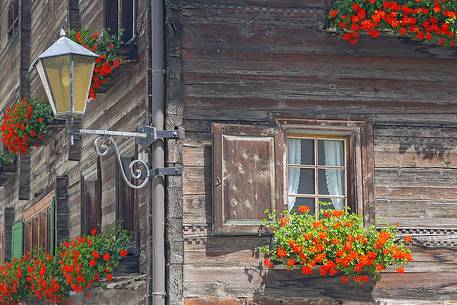 Traditional wooden building in Vals village, Grisons, Switzerland, Europe