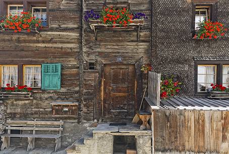 Traditional wooden building in Vals village, Grisons, Switzerland, Europe