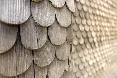 Detail of traditional wooden building in Vals village, Grisons, Switzerland, Europe