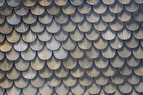 Detail of traditional wooden building in Vals village, Grisons, Switzerland, Europe