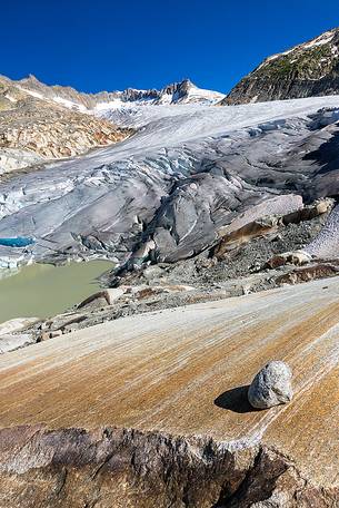 Rhone glacier and melting lake, Furka pass, Valais, Switzerland, Europe