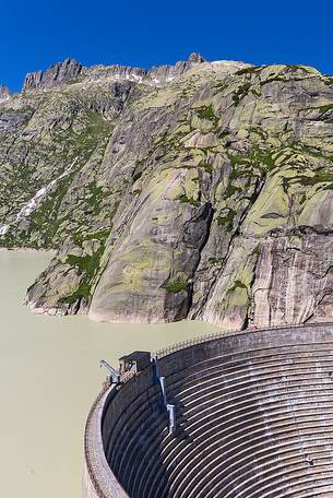 Spitallamm dam and Grimselsee or Grisel lake, Grimsel pass, Bernese alps, Switzerland, Europe Spitallamm dam and Grimselsee or Grisel lake, Grimsel pass, Bernese alps, Switzerland, Europe