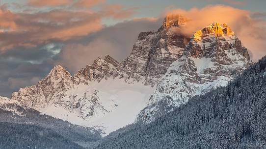 The Pelmo mountain at sunset after an intense snowfall