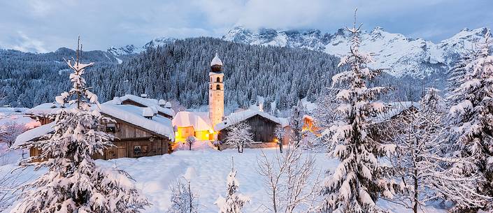 Zoldo Alto, Pianaz churc at blue hour after an intense snowfall