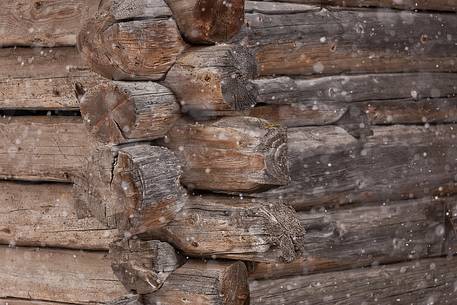 Closeup of corner of a typical wooden building in alpine village of Sauris di Sotto