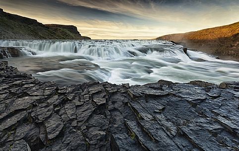 Gullfoss waterfall at sunset