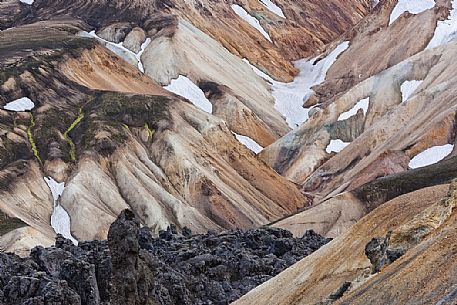 The multicoloured rhyolite mountains in the area of Landmannalaugar at sunset The multicoloured rhyolite mountains in the area of Landmannalaugar at sunset