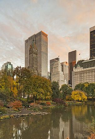 Midtown skyline near Wollman Rink at sunset