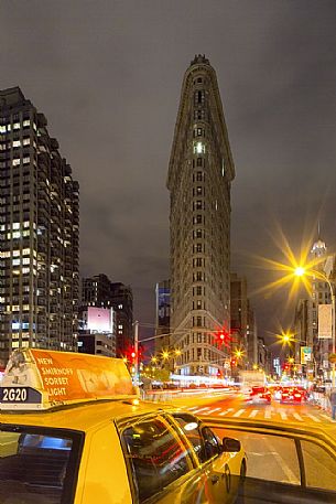 POV taxi at night with Flatiron building in the background POV taxi at night with Flatiron building in the background
