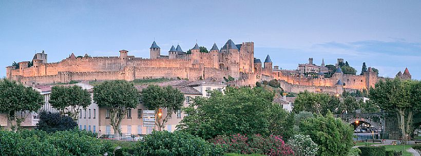 The mediavel ancient city of Carcassonne at sunset