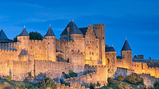 The mediavel ancient city of Carcassonne at night time