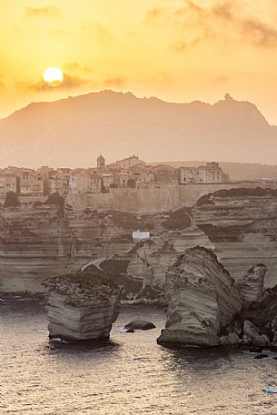 White cliffs and the old village of Bonifacio at sunset, Corsica