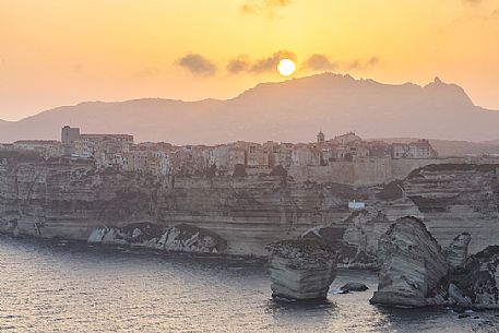 White cliffs and the old village of Bonifacio at sunset, Corsica