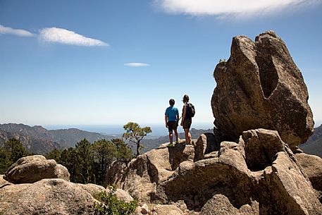 Hikers in the Ospedale forest, in the background the sea of Solenzara, Corsica Hikers in the Ospedale forest, in the background the sea of Solenzara, Corsica