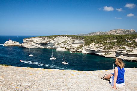 The entrance to the port of Bonifacio with the lighthouse of Madonnetta 
 from the ancient walls of the village