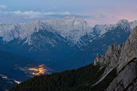 Twilight on Comelico valley from the refuge Berti, dolomites, Italy