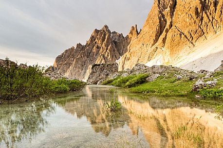 Alpine lake in the Popera mountain group, Sexter dolomites natural park, South Tyrol, Italy