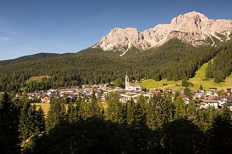 Padola village and the valley, in the background the dolomites, Comelico, Italy