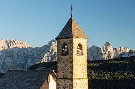 The ancient bell tower of San Leonardo Vecchio, Casamazzagno, Comelico, Italy