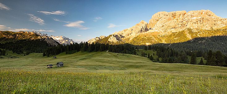 Sunrise form Prato Piazza Plateau against Croda Rossa Mountain, Dolomites, South Tyrol, Italy 