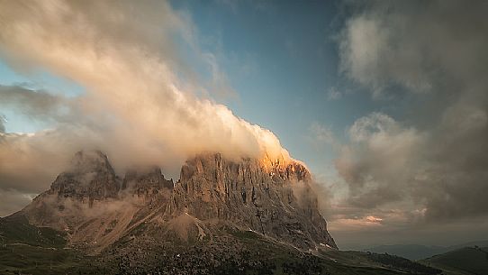 Sunrise on  Sassolungo (Langkofel) Mountain from Sella Pass, Dolomites, South Tyrol, Italy
 