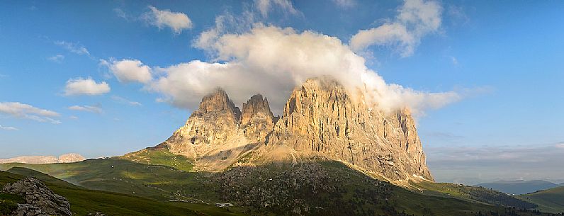 Sunrise on  Sassolungo (Langkofel) Mountain from Sella Pass, Dolomites, South Tyrol, Italy
 