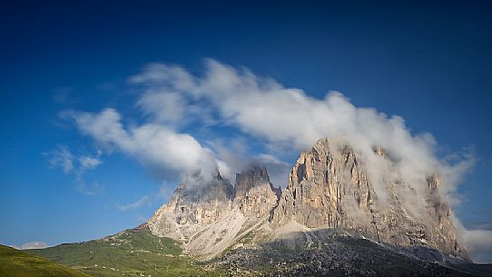 Sunrise on  Sassolungo (Langkofel) Mountain from Sella Pass, Dolomites, South Tyrol, Italy
 