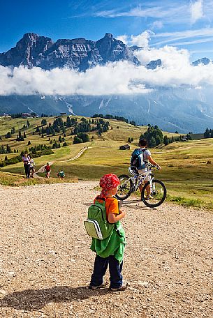 Tourists at Pralongi, La Villa, Badia valley, dolomites, Italy