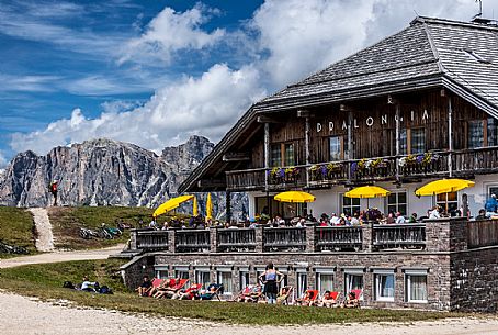 Tourists at Pralongi hut, Badia Valley, South Tyrol, Dolomites, Italy