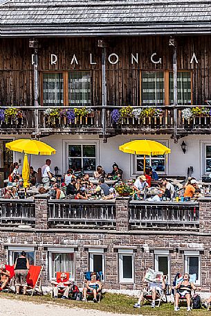 Tourists at Pralongi hut, Badia Valley, South Tyrol, Dolomites, Italy