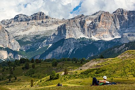 Relax during a hiking in Pralongi, Badia Valley, South Tyrol, Dolomites, Italy